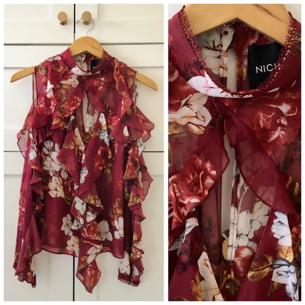 NICHOLAS Celeste Cold Shoulder Silk Blouse Top, Ruffle Floral sz. 2 - Picture 4 of 17